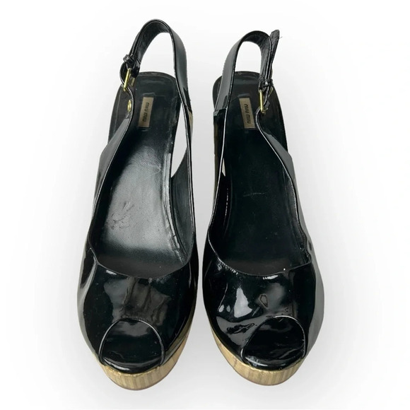 Miu Miu Black Patent Leather  Peep Toe Slingback Wooden Wedge Heel 39 - Picture 5 of 14